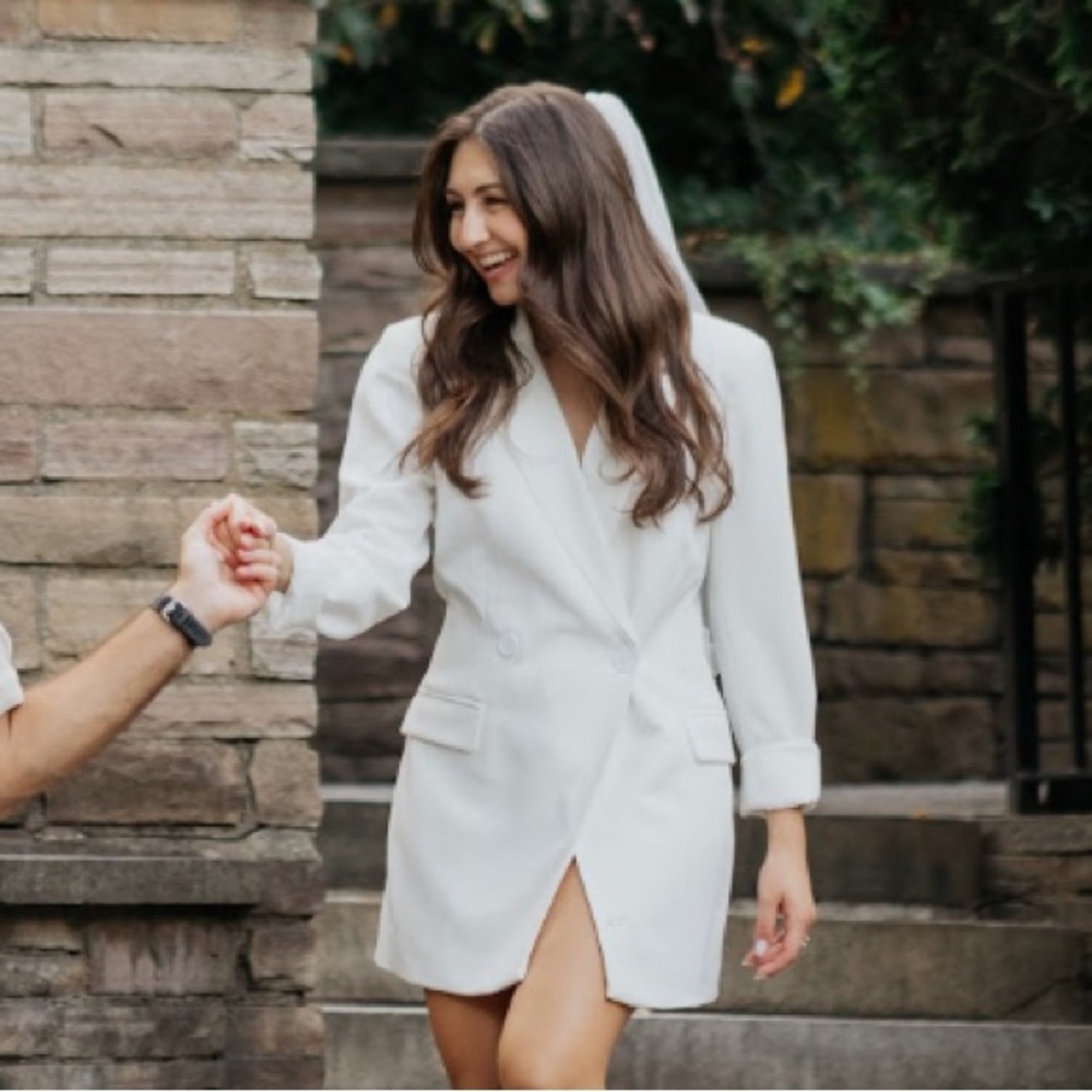 WHITE WOVEN TAILORED CUT OUT TWIST BACK BLAZER DRESS BRIDAL